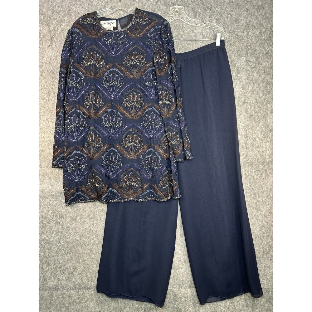 Vintage ANAGE Top, Tank Top, And Pant Set Embellished Beaded Navy Blue Seashell